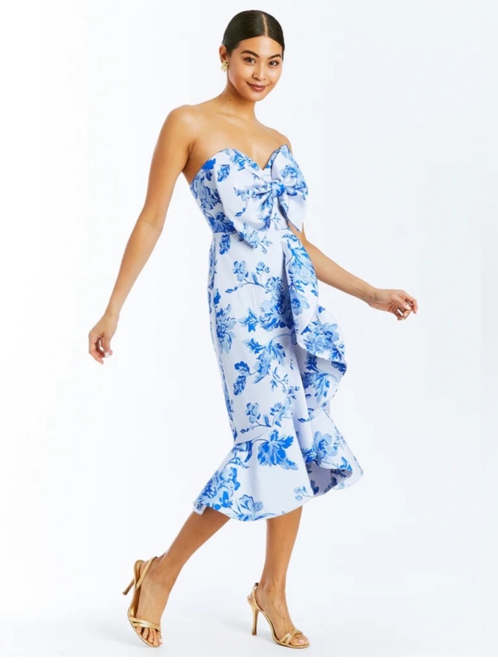Mestiza Stephanie Porcelain Blue Floral Ruffled Midi Dress